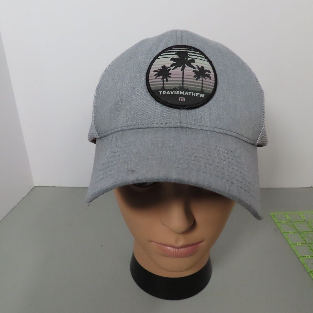 TravisMathew Mens Golf Trucker Hat Grey Palm Tree Patch Snapback Flexfit 110